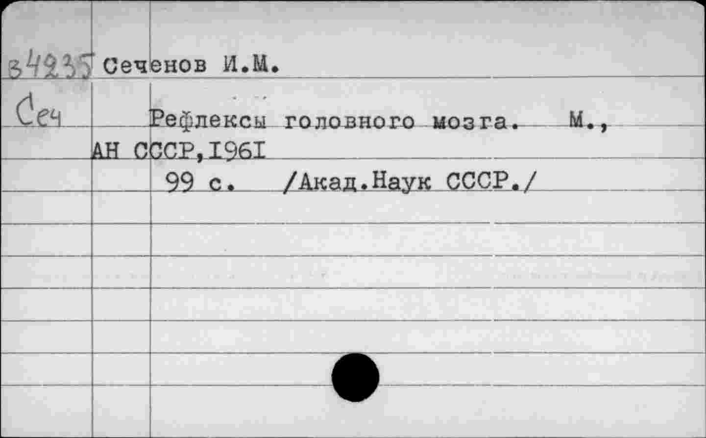 ﻿г	Сеч	енов И.М.
		Рефлексы головного мозга»	М_..		
	АН С	1СР,1961	 99 с. /Акад.Наук СССР./	
		
		
		
		
		
		
		